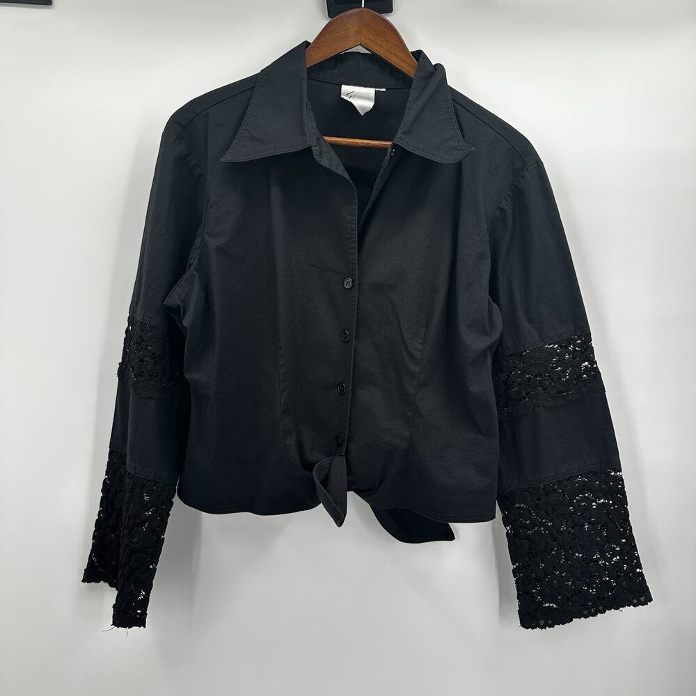 Finley‎ Shirt Top Medium Black Button Front Tie Lace Detail Sleeve